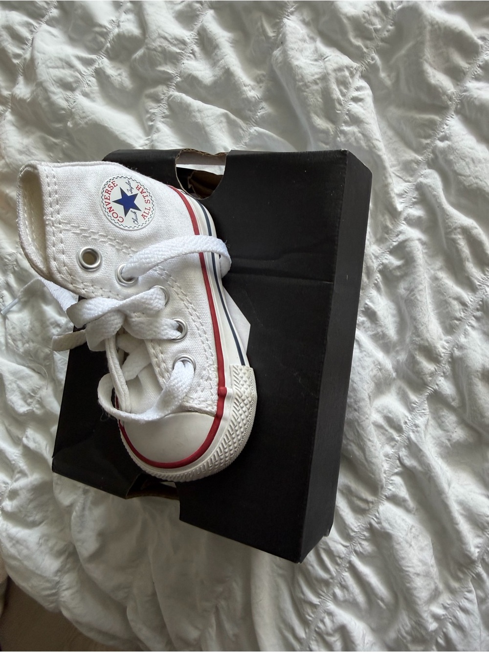 Converse Kids White High Top Sneakers with Red & Blue Trim